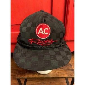 Vintage AC Racing Checkerboard Pattern Script Swingster Trucker Hat Cap USA EUC